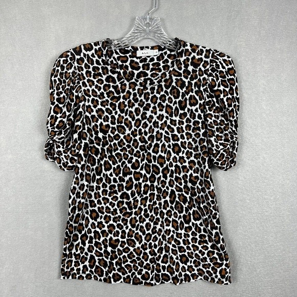A.L.C Shirt Top XS Leopard Print Puff Sleeve Crewneck Tee Cotton Pullover - Picture 2 of 10